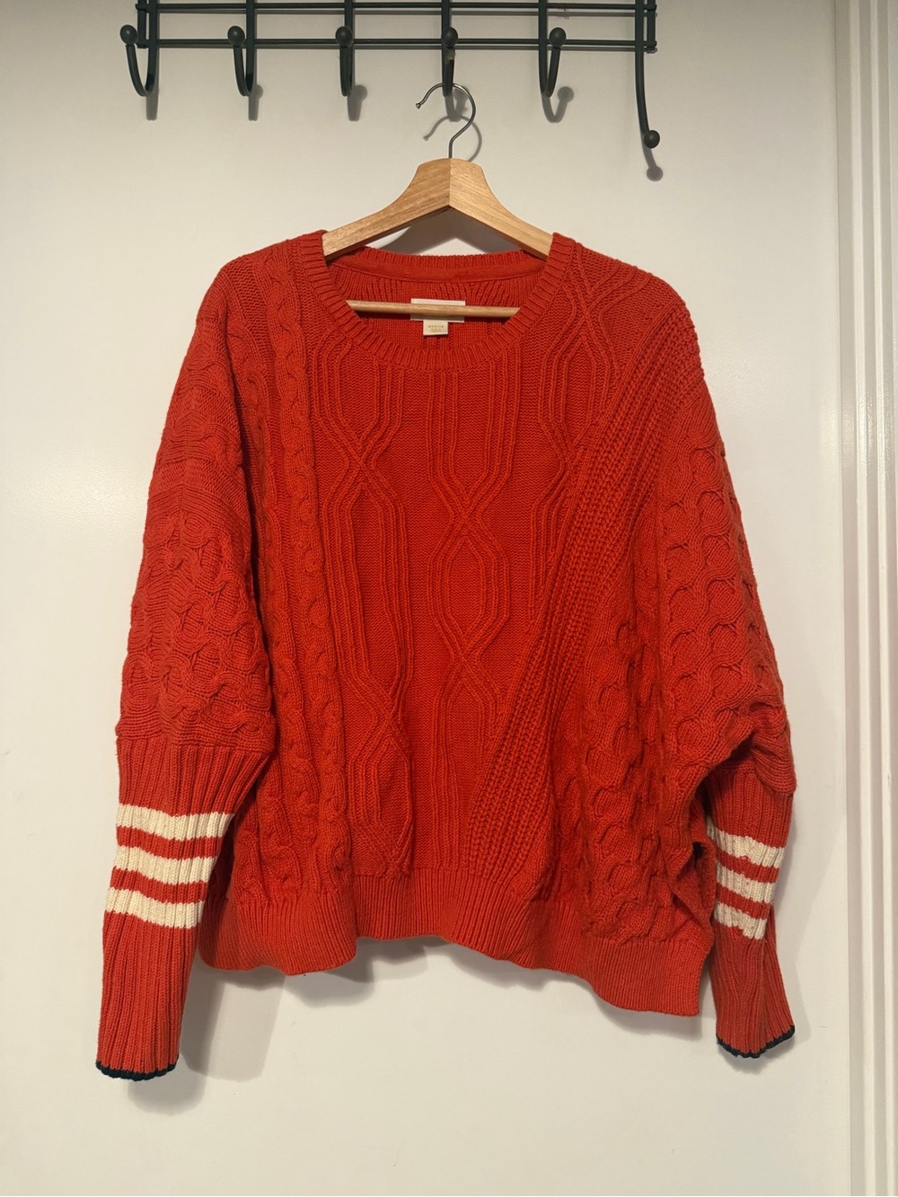 Maeve Red Cable Knit Sweater with Cream Striped Cuffs